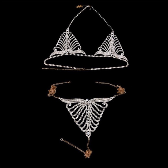 NEW Sparkling Bling Swarovski Crystal Bikini Body Chain Top & Thong Set - Picture 2 of 6